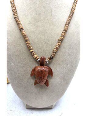Wooden Turtle Pendant On Brown Beaded Necklace